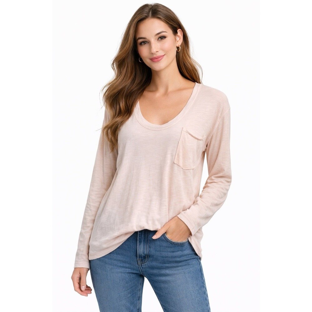 We The Free Pink Long Sleeve Pocket Top Small Cotton Blend‎ Casual Tee **READ**